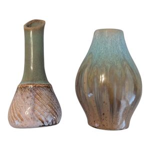 Vintage Pair Of Ceramic Blue, Green And Brown Small Bud Vases 4.25"-5"